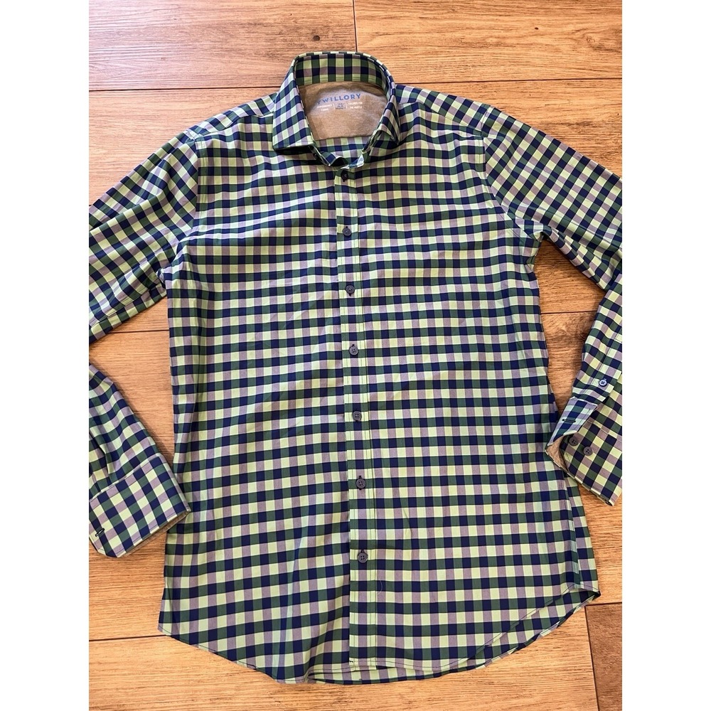 Twillory Button Up Shirt Mens 15.5 34-35 Blue/Green Plaid Performance Fabric